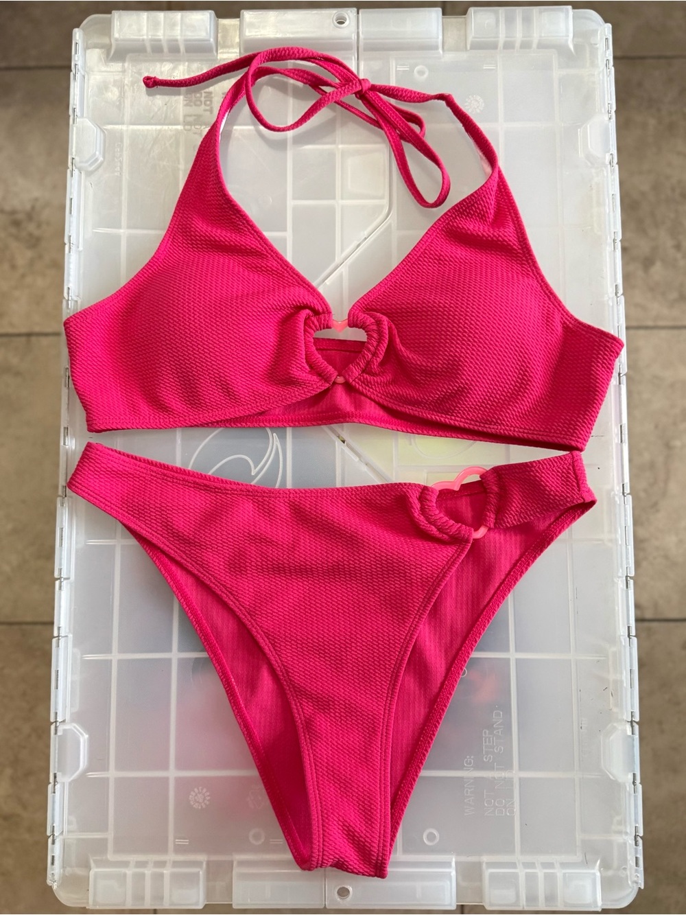 Hot Pink Ribbed Halter Bikini Set with Heart Ring Detail